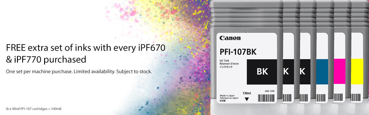Get an extra set of PFI-107 inks FREE when purchasing a Canon iPF670 or iPF770 printer 